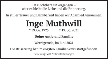 Traueranzeige von Inge Muthwill  von Magdeburger Volksstimme