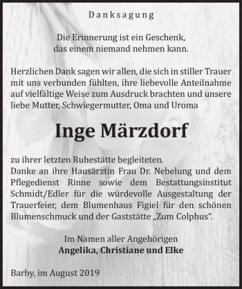 Traueranzeige von Inge Märzdorf  von Magdeburger Volksstimme