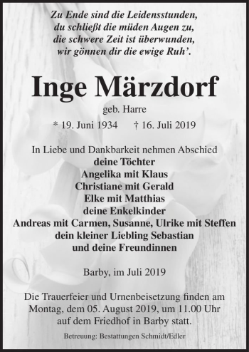 Traueranzeige von Inge Märzdorf (geb. Harre)  von Magdeburger Volksstimme