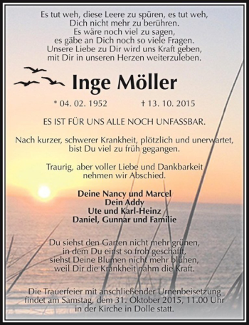 Traueranzeige von Inge Möller  von Magdeburger Volksstimme
