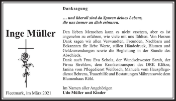 Traueranzeige von Inge Müller  von Magdeburger Volksstimme