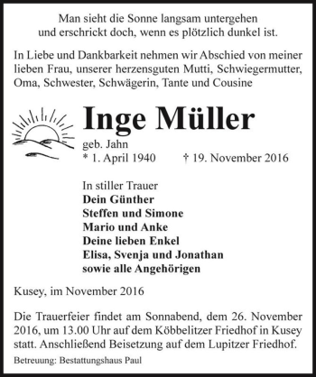 Traueranzeige von Inge Müller (geb. Jahn)  von Magdeburger Volksstimme