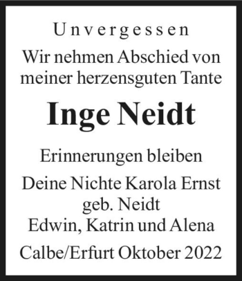 Traueranzeige von Inge Neidt  von Magdeburger Volksstimme