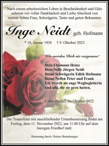 Traueranzeige von Inge Neidt (geb. Hofmann)  von Magdeburger Volksstimme