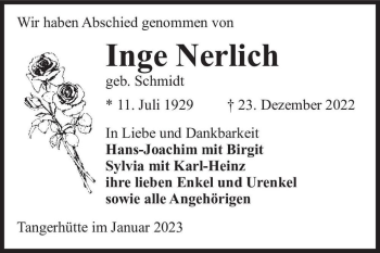 Traueranzeige von Inge Nerlich (geb. Schmidt)  von Magdeburger Volksstimme