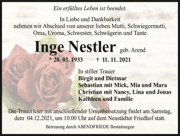 Traueranzeige von Inge Neslter (geb. Arend)  von Magdeburger Volksstimme