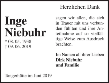 Traueranzeige von Inge Niebuhr  von Magdeburger Volksstimme