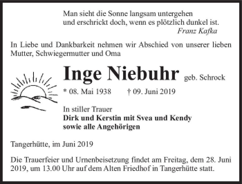 Traueranzeige von Inge Niebuhr (geb. Schrock)  von Magdeburger Volksstimme