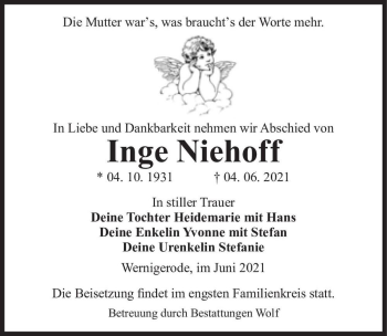 Traueranzeige von Inge Niehoff  von Magdeburger Volksstimme