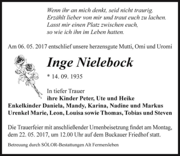 Traueranzeige von Inge Nielebock  von Magdeburger Volksstimme