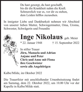 Traueranzeige von Inge Nikolaus (geb. Meier)  von Magdeburger Volksstimme