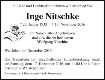 Traueranzeige von Inge Nitschke  von Magdeburger Volksstimme