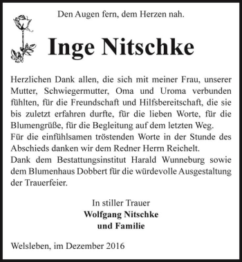 Traueranzeige von Inge Nitschke  von Magdeburger Volksstimme