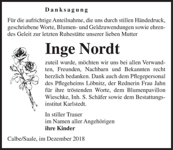 Traueranzeige von Inge Nordt  von Magdeburger Volksstimme