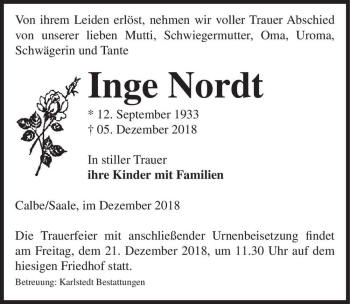 Traueranzeige von Inge Nordt  von Magdeburger Volksstimme