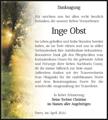 Traueranzeige von Inge Obst  von Magdeburger Volksstimme