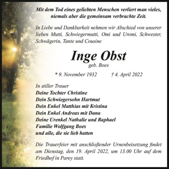 Traueranzeige von Inge Obst (geb. Boes)  von Magdeburger Volksstimme