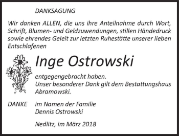 Traueranzeige von Inge Ostrowski  von Magdeburger Volksstimme