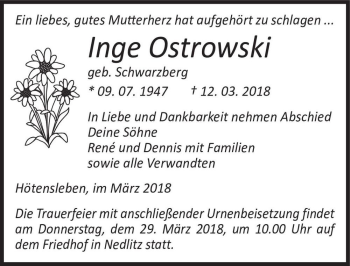 Traueranzeige von Inge Ostrowski (geb. Schwarzberg)  von Magdeburger Volksstimme