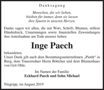 Traueranzeige von Inge Paech  von Magdeburger Volksstimme