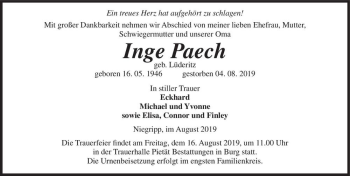 Traueranzeige von Inge Paech (geb. Lüderitz)  von Magdeburger Volksstimme