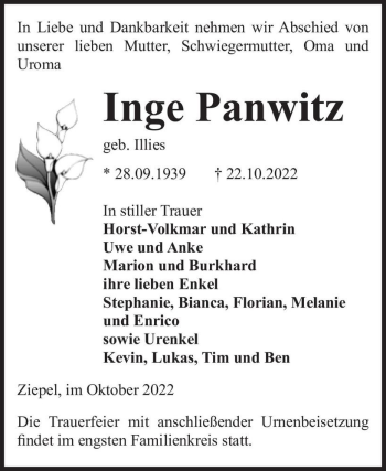 Traueranzeige von Inge Panwitz (geb. Illies)  von Magdeburger Volksstimme
