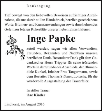 Traueranzeige von Inge Papke  von Magdeburger Volksstimme