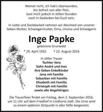 Traueranzeige von Inge Papke (geb. Grunwald)  von Magdeburger Volksstimme