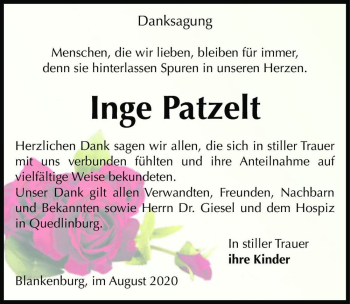 Traueranzeige von Inge Patzelt  von Magdeburger Volksstimme