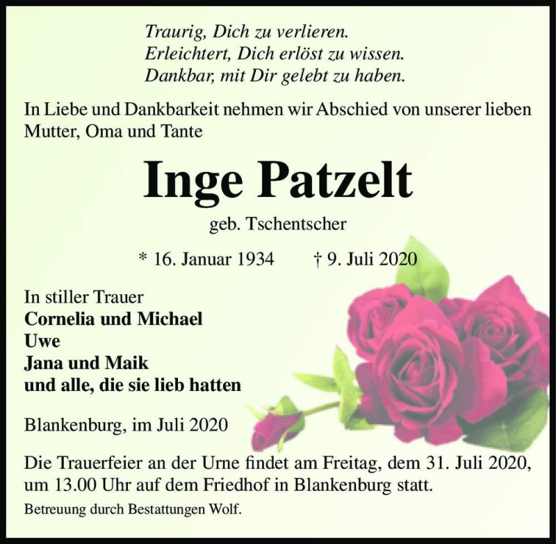  Traueranzeige für Inge Patzelt (geb. Tschentscher)  vom 18.07.2020 aus Magdeburger Volksstimme