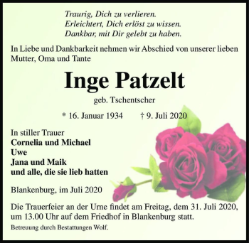Traueranzeige von Inge Patzelt (geb. Tschentscher)  von Magdeburger Volksstimme
