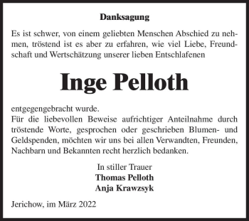 Traueranzeige von Inge Pelloth  von Magdeburger Volksstimme