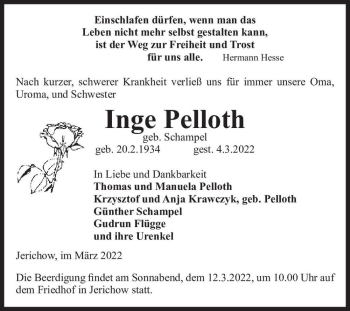 Traueranzeige von Inge Pelloth (geb. Schampel)  von Magdeburger Volksstimme