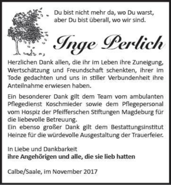 Traueranzeige von Inge Perlich  von Magdeburger Volksstimme