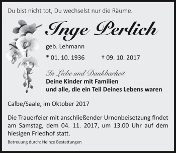 Traueranzeige von Inge Perlich (geb. Lehmann)  von Magdeburger Volksstimme