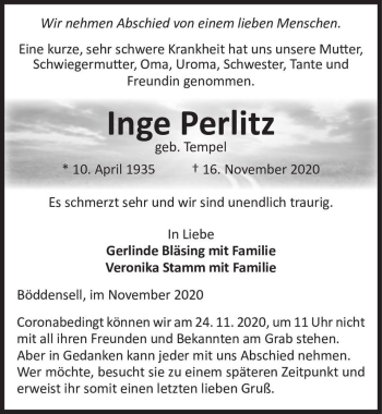Traueranzeige von Inge Perlitz (geb. Tempel)  von Magdeburger Volksstimme