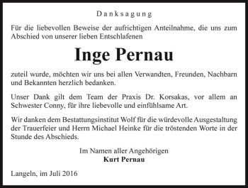 Traueranzeige von Inge Pernau  von Magdeburger Volksstimme