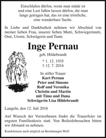 Traueranzeige von Inge Pernau (geb. Hildebrandt)  von Magdeburger Volksstimme