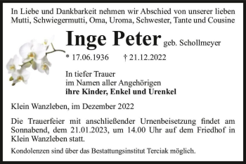 Traueranzeige von Inge Peter (geb. Schollmeyer)  von Magdeburger Volksstimme