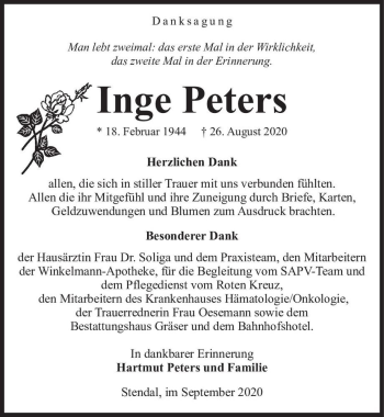 Traueranzeige von Inge Peters  von Magdeburger Volksstimme
