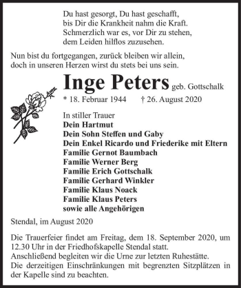 Traueranzeige von Inge Peters (geb. Gottschalk)  von Magdeburger Volksstimme
