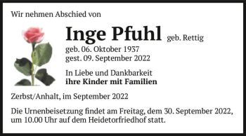 Traueranzeige von Inge Pfuhl (geb. Rettig)  von Magdeburger Volksstimme