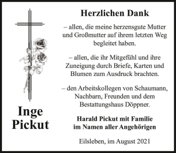 Traueranzeige von Inge Pickut  von Magdeburger Volksstimme