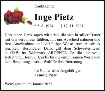 Traueranzeige von Inge Pietz  von Magdeburger Volksstimme