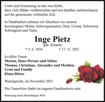 Traueranzeige von Inge Pietz (geb. Schacht)  von Magdeburger Volksstimme