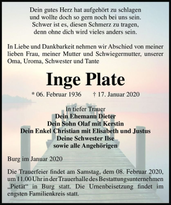 Traueranzeige von Inge Plate  von Magdeburger Volksstimme