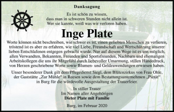 Traueranzeige von Inge Plate  von Magdeburger Volksstimme