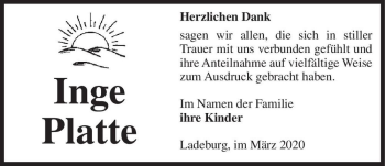 Traueranzeige von Inge Platte  von Magdeburger Volksstimme