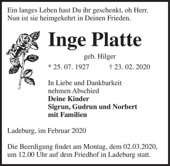 Traueranzeige von Inge Platte (geb. Hilger)  von Magdeburger Volksstimme