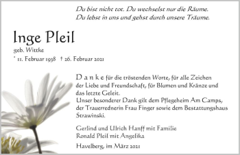Traueranzeige von Inge Pleil (geb. Wittke)  von Magdeburger Volksstimme